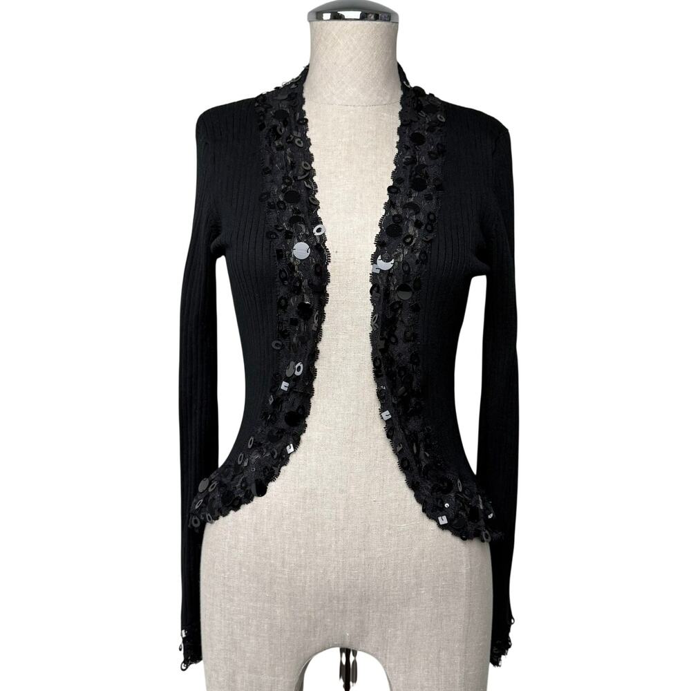 Y2K Silk Blend Sequin Embellished Trim Cardigan Sweater Fairy Romantic Goth S